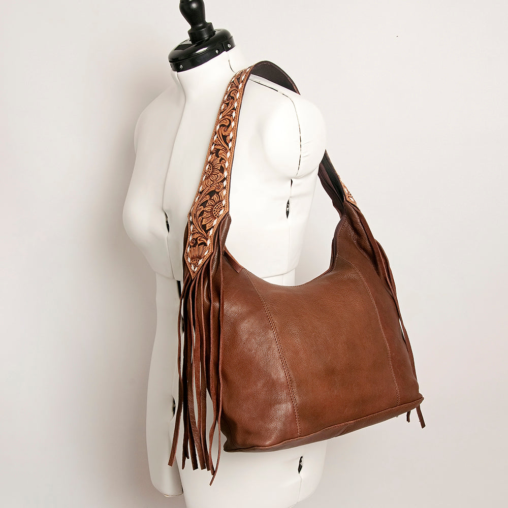 LC-ADBGI112 Western Leather Hobo Bag - Genuine Solid Brown with Tooled Strap & Fringe