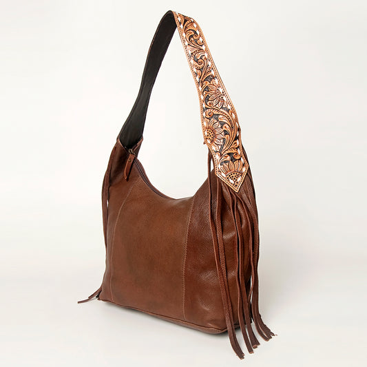 LC-ADBGI112 Western Leather Hobo Bag - Genuine Solid Brown with Tooled Strap & Fringe