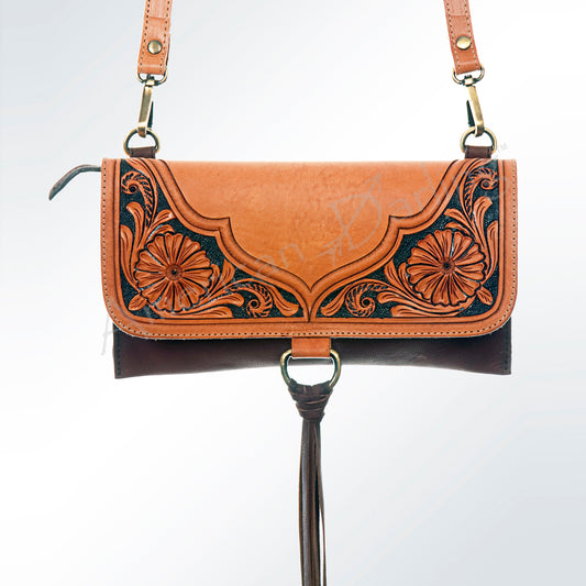 LC-ADBGI113 Western Leather Crossbody Bag - Tooled Floral Design with Fringe Tassel