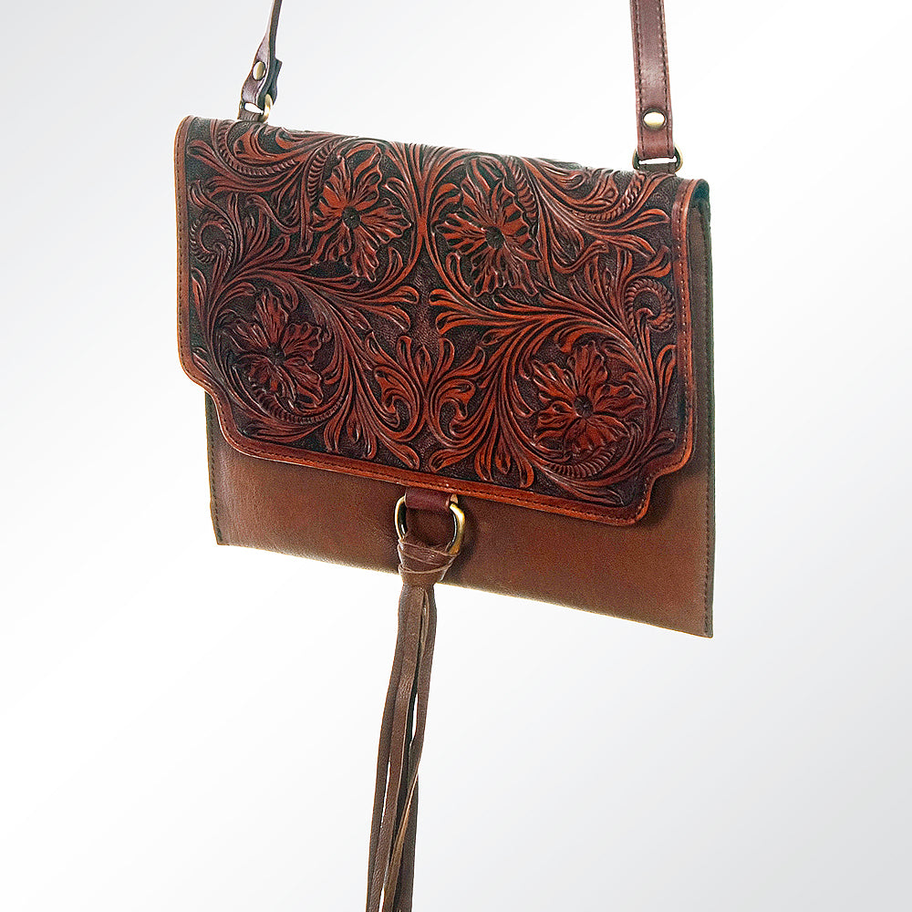 LC-ADBGI115 Hand-Tooled Leather Coin Purse - Western Mini Crossbody with Floral Flap & Fringe