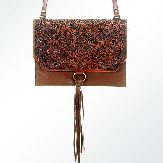 LC-ADBGI115 Hand-Tooled Leather Coin Purse - Western Mini Crossbody with Floral Flap & Fringe