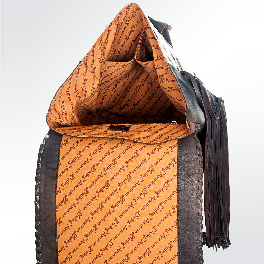 LC-ADBGZ196BRW Genuine Cowhide & Leather Western Backpack with Fringe and Whipstitch - Boho Cowgirl Bag