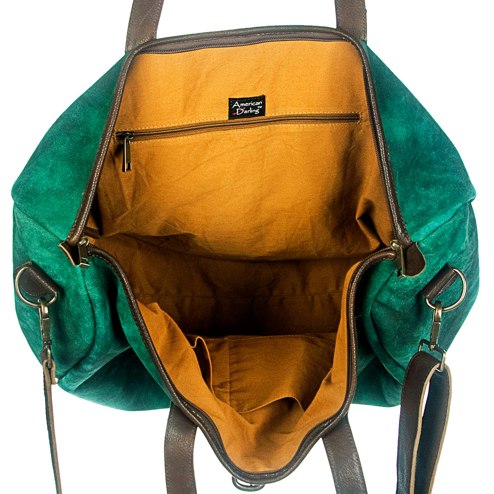 LC-ADBGZ197 Emerald Green Distressed Leather Travel Tote Bag - Western Overnight Weekender