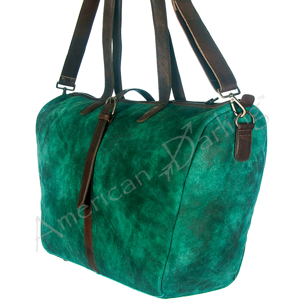 LC-ADBGZ197 Emerald Green Distressed Leather Travel Tote Bag - Western Overnight Weekender
