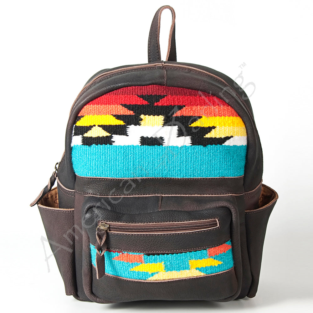 LC-ADBGZ214F12 Black Leather Backpack with Sunrise Aztec Wool Design - Handcrafted Western Daypack