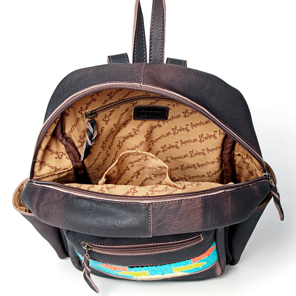LC-ADBGZ214F12 Black Leather Backpack with Sunrise Aztec Wool Design - Handcrafted Western Daypack