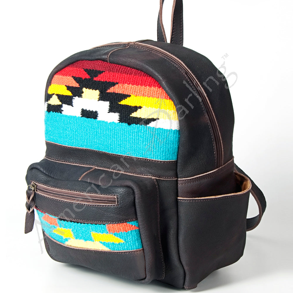 LC-ADBGZ214F12 Black Leather Backpack with Sunrise Aztec Wool Design - Handcrafted Western Daypack