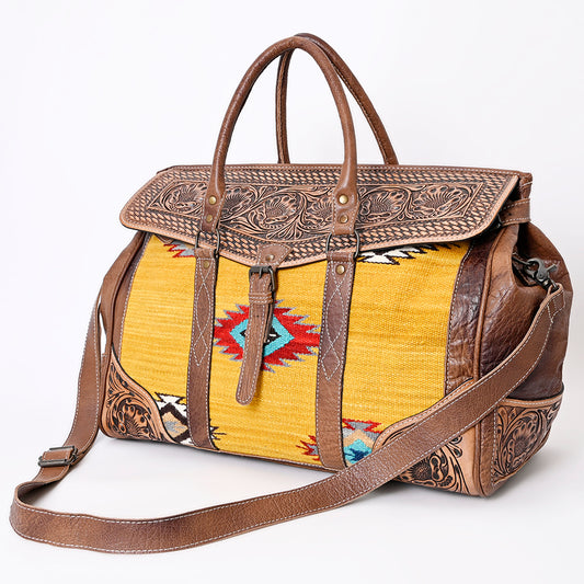 ADBG516 Tooled Leather & Saddle Blanket Duffel Bag Mae Western Travel Weekender by American Darling