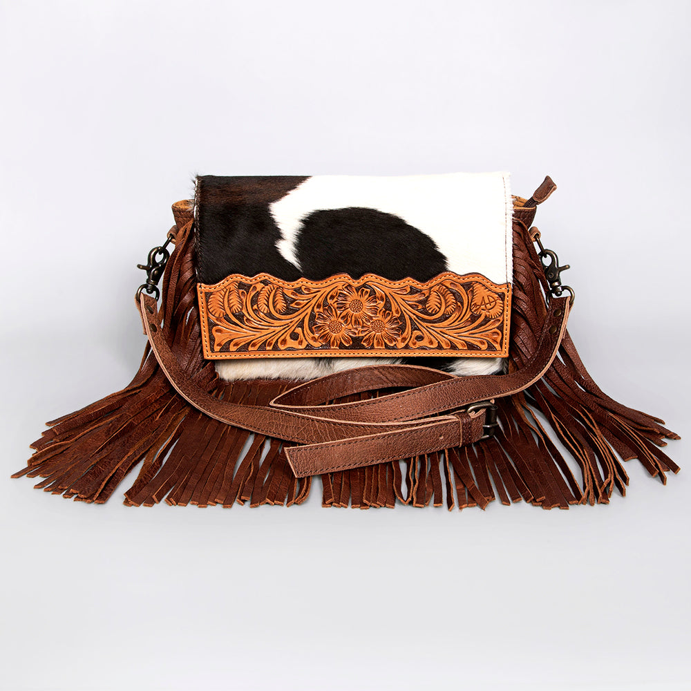 ADBG524 Hair-On Cowhide Leather Fringe Crossbody with Hand-Tooled Floral Flap