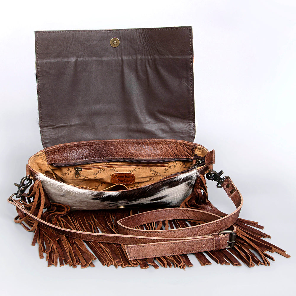 ADBG524 Hair-On Cowhide Leather Fringe Crossbody with Hand-Tooled Floral Flap