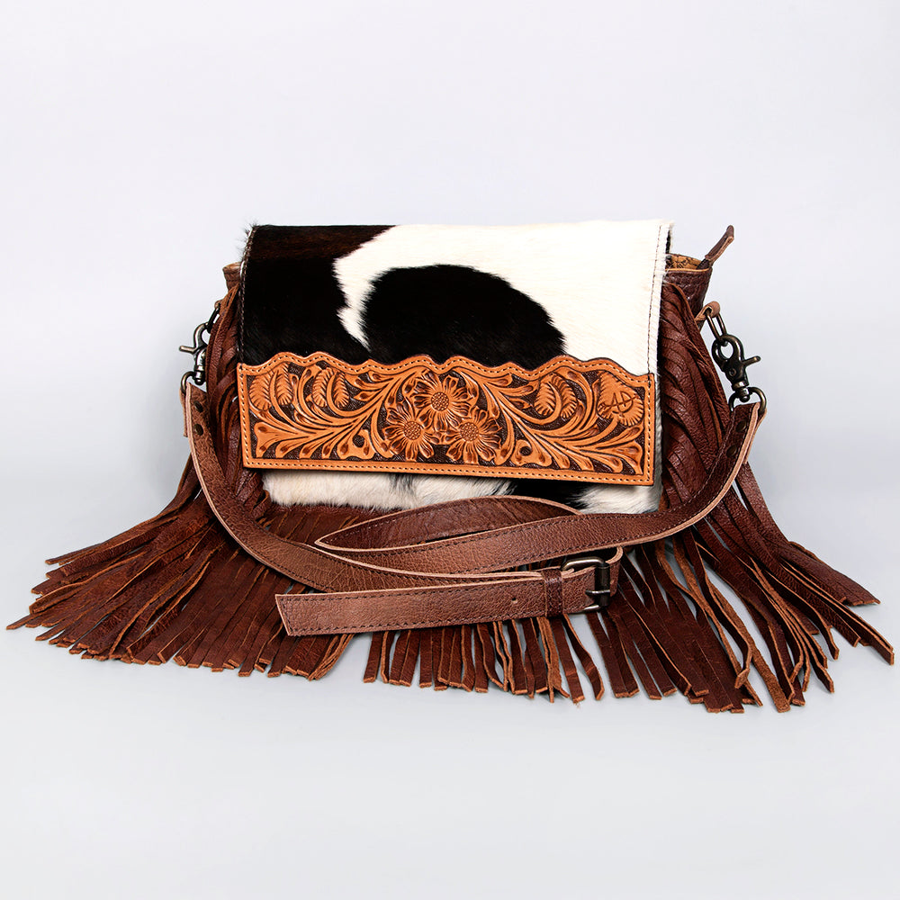 ADBG524 Hair-On Cowhide Leather Fringe Crossbody with Hand-Tooled Floral Flap