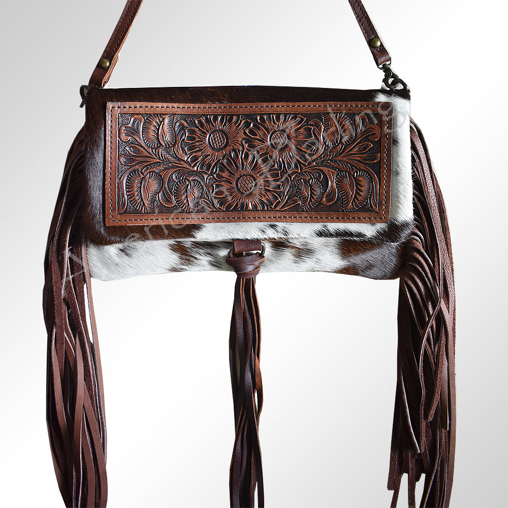 ADBG526 Hair-On Cowhide Shoulder Bag with Hand-Tooled Leather Floral Panel & Fringe