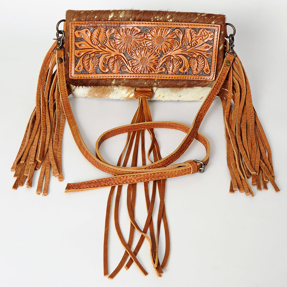 ADBG526 Hair-On Cowhide Shoulder Bag with Hand-Tooled Leather Floral Panel & Fringe