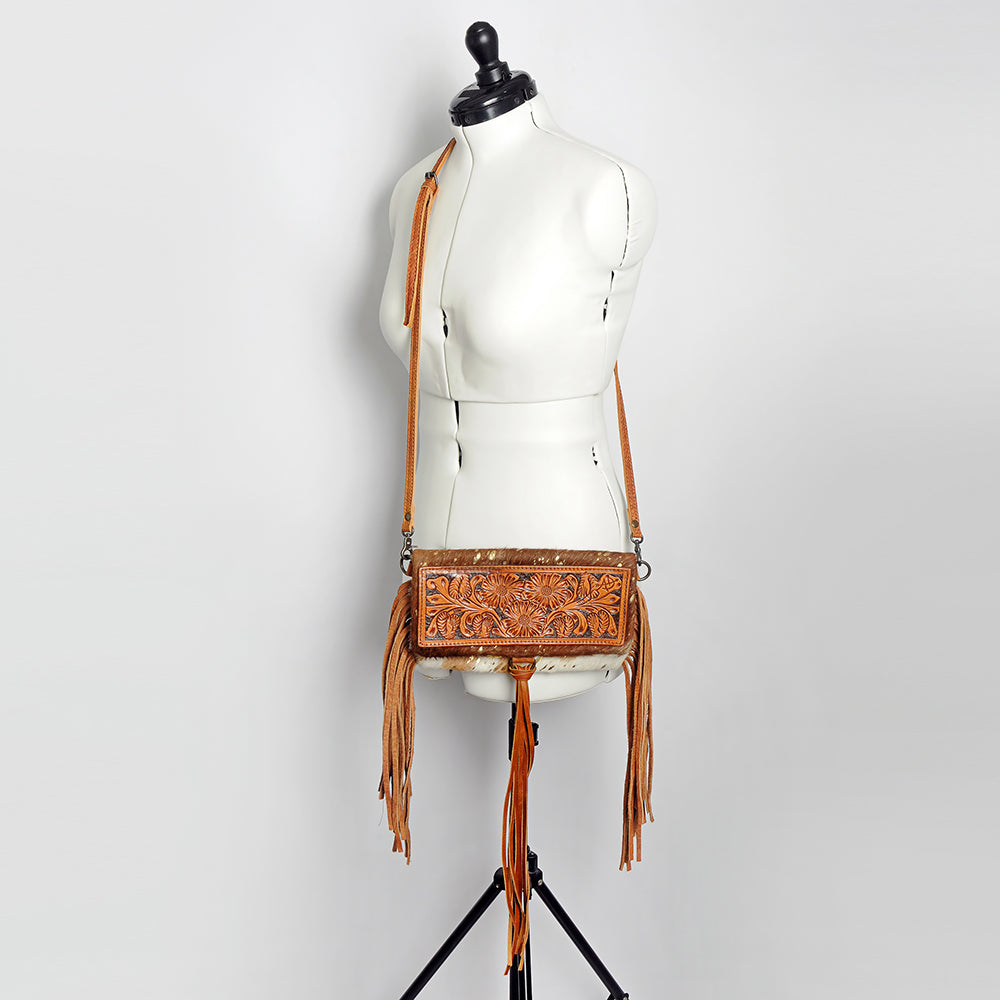 ADBG526 Hair-On Cowhide Shoulder Bag with Hand-Tooled Leather Floral Panel & Fringe