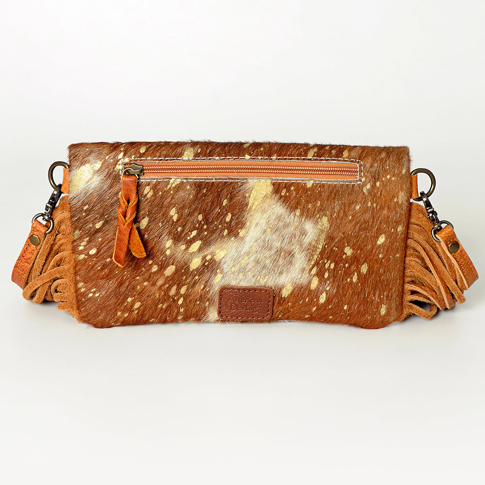 ADBG526 Hair-On Cowhide Shoulder Bag with Hand-Tooled Leather Floral Panel & Fringe