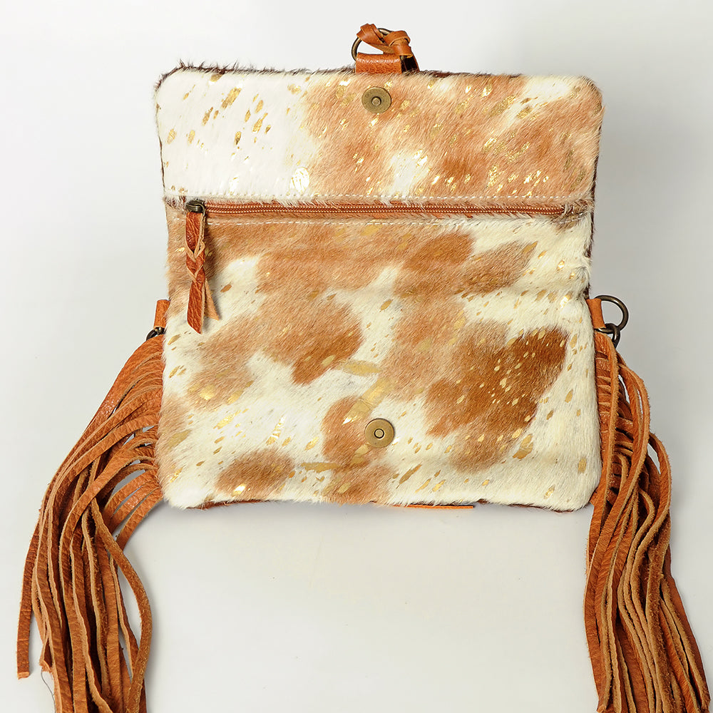 ADBG526 Hair-On Cowhide Shoulder Bag with Hand-Tooled Leather Floral Panel & Fringe