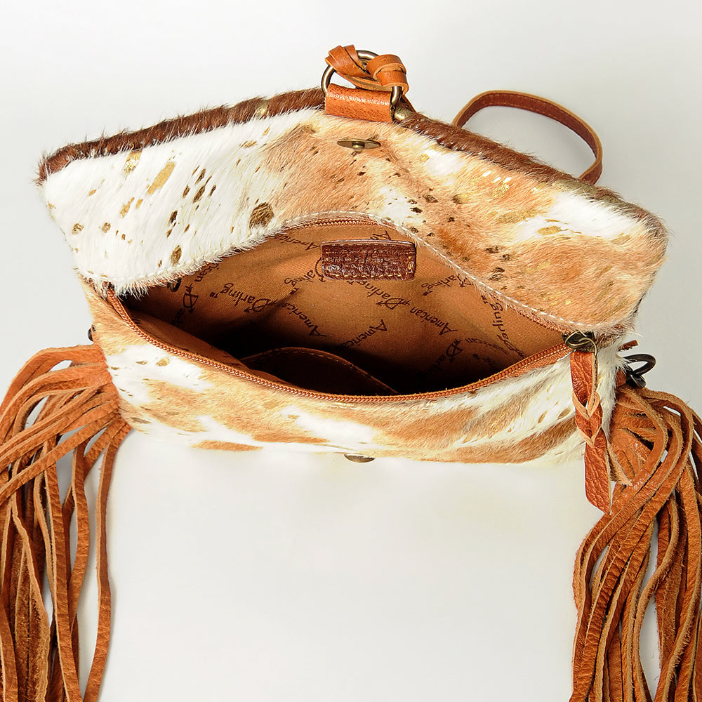ADBG526 Hair-On Cowhide Shoulder Bag with Hand-Tooled Leather Floral Panel & Fringe
