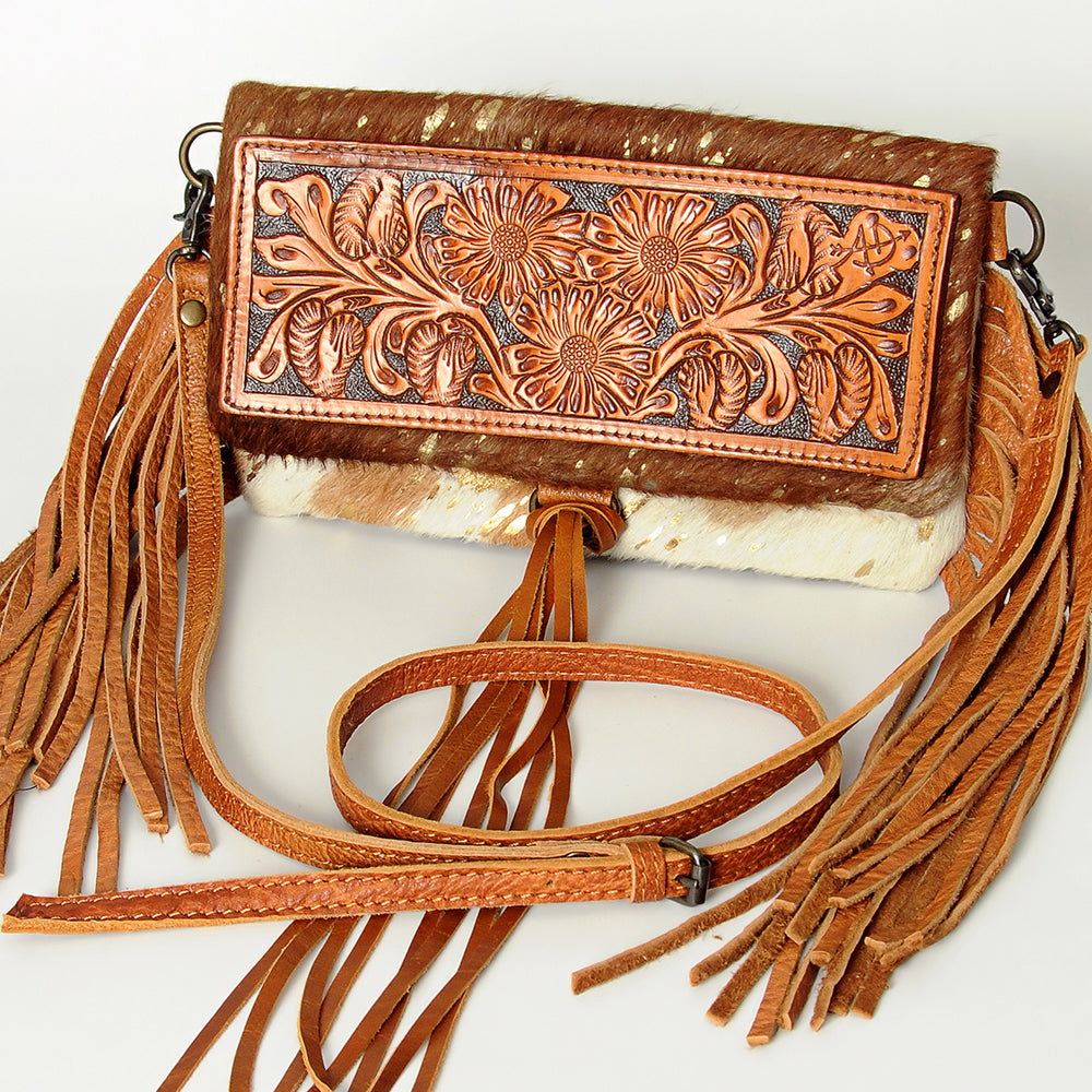 ADBG526 Hair-On Cowhide Shoulder Bag with Hand-Tooled Leather Floral Panel & Fringe