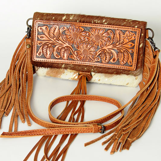 ADBG526 Hair-On Cowhide Shoulder Bag with Hand-Tooled Leather Floral Panel & Fringe