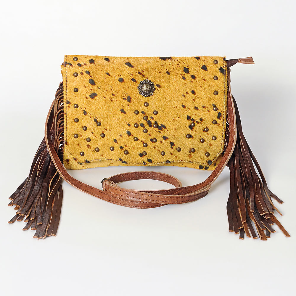 ADBG530 Cowhide Fringe Crossbody Bag with Western Studs & Concho