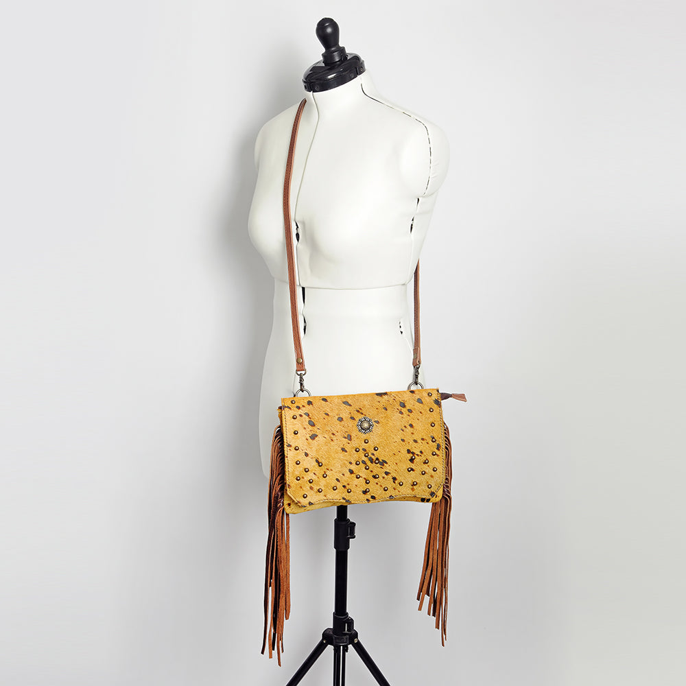 ADBG530 Cowhide Fringe Crossbody Bag with Western Studs & Concho