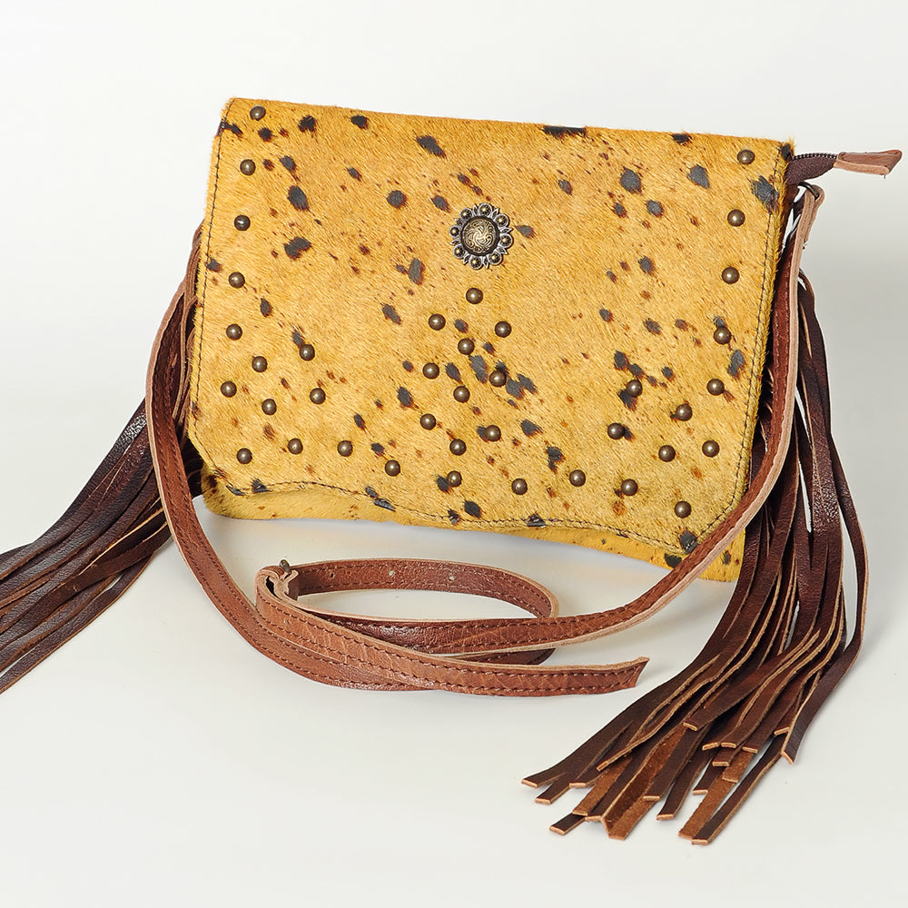ADBG530 Cowhide Fringe Crossbody Bag with Western Studs & Concho