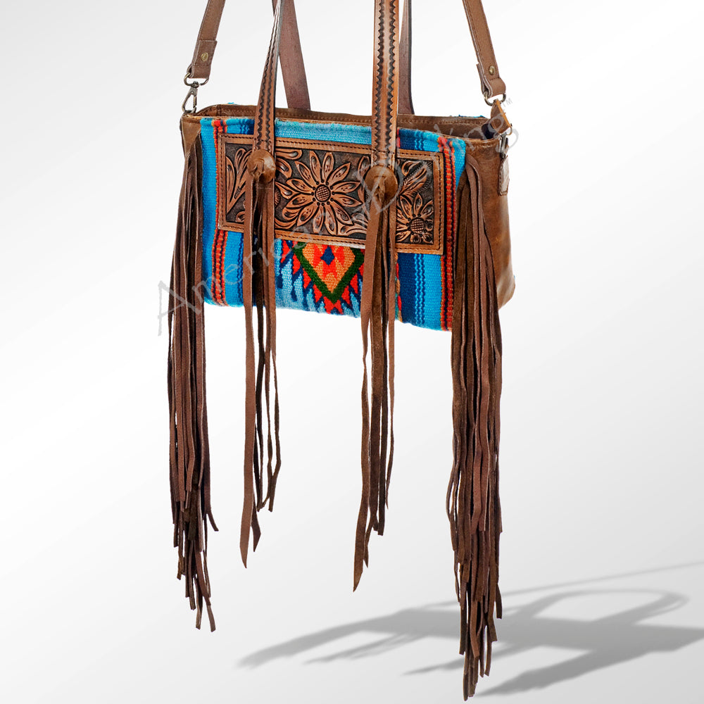LC-ADBG534 Tooled Leather Western Bag with Saddle Blanket & Long Fringe Handmade Crossbody Tote