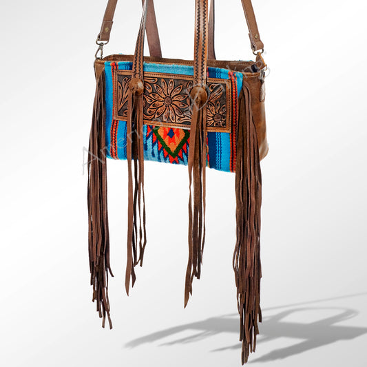 LC-ADBG534 Tooled Leather Western Bag with Saddle Blanket & Long Fringe Handmade Crossbody Tote