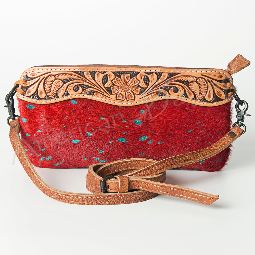 LC-ADBGS199RED Red Cowhide Wristlet with Turquoise Foil & Tooled Leather Panel - Western Crossbody Clutch