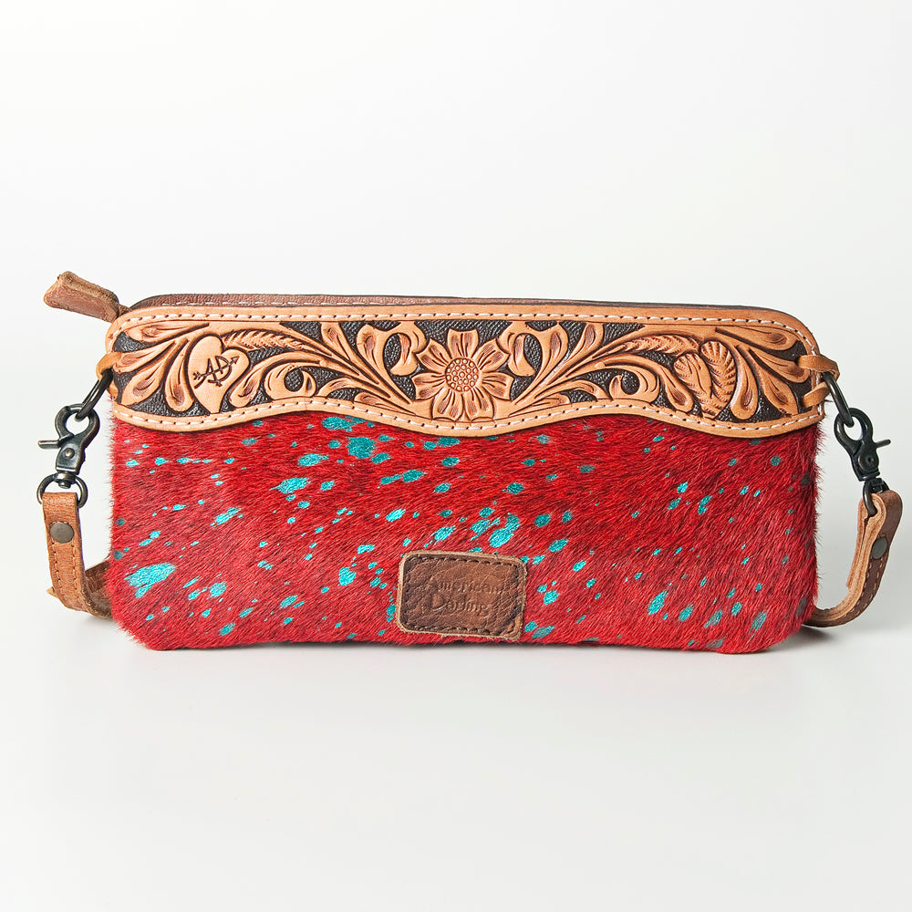 LC-ADBGS199RED Red Cowhide Wristlet with Turquoise Foil & Tooled Leather Panel - Western Crossbody Clutch