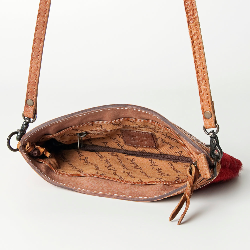 LC-ADBGS199RED Red Cowhide Wristlet with Turquoise Foil & Tooled Leather Panel - Western Crossbody Clutch