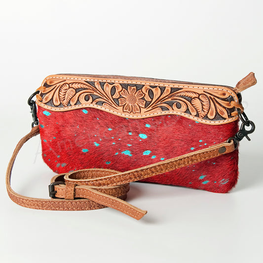 LC-ADBGS199RED Red Cowhide Wristlet with Turquoise Foil & Tooled Leather Panel - Western Crossbody Clutch