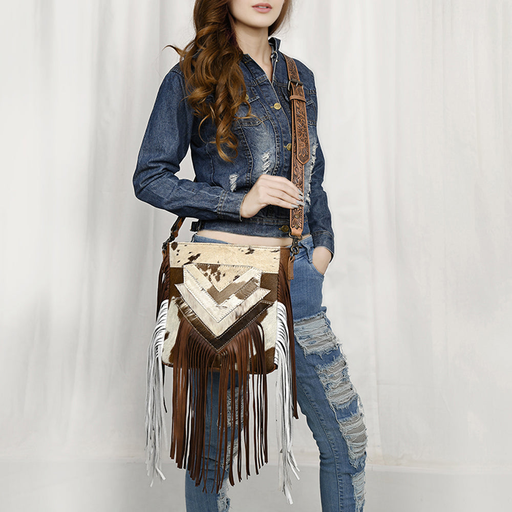 ADBG515 American Darling Hand Tooled Floral Strap Hair-On Cowhide Western Large Cross body Bag