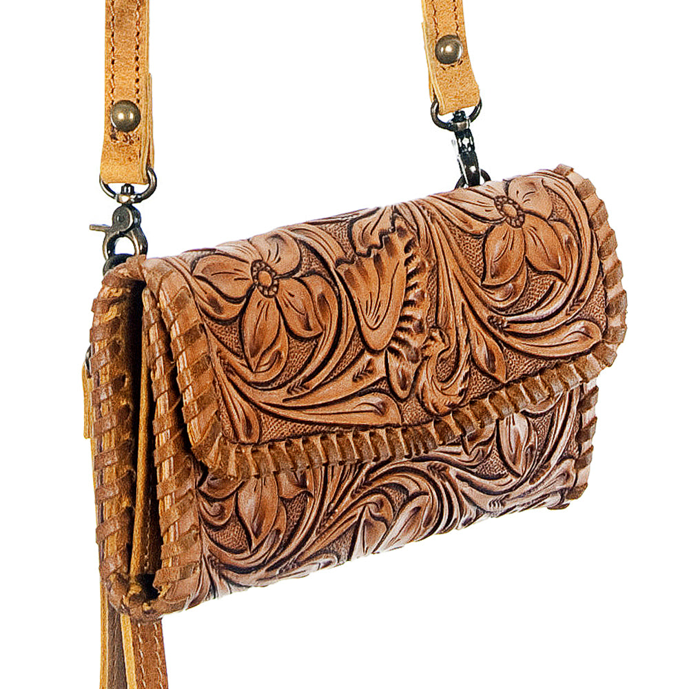 ADBG514 Hand-Tooled Leather Western Crossbody Clutch with Floral Carving Sage