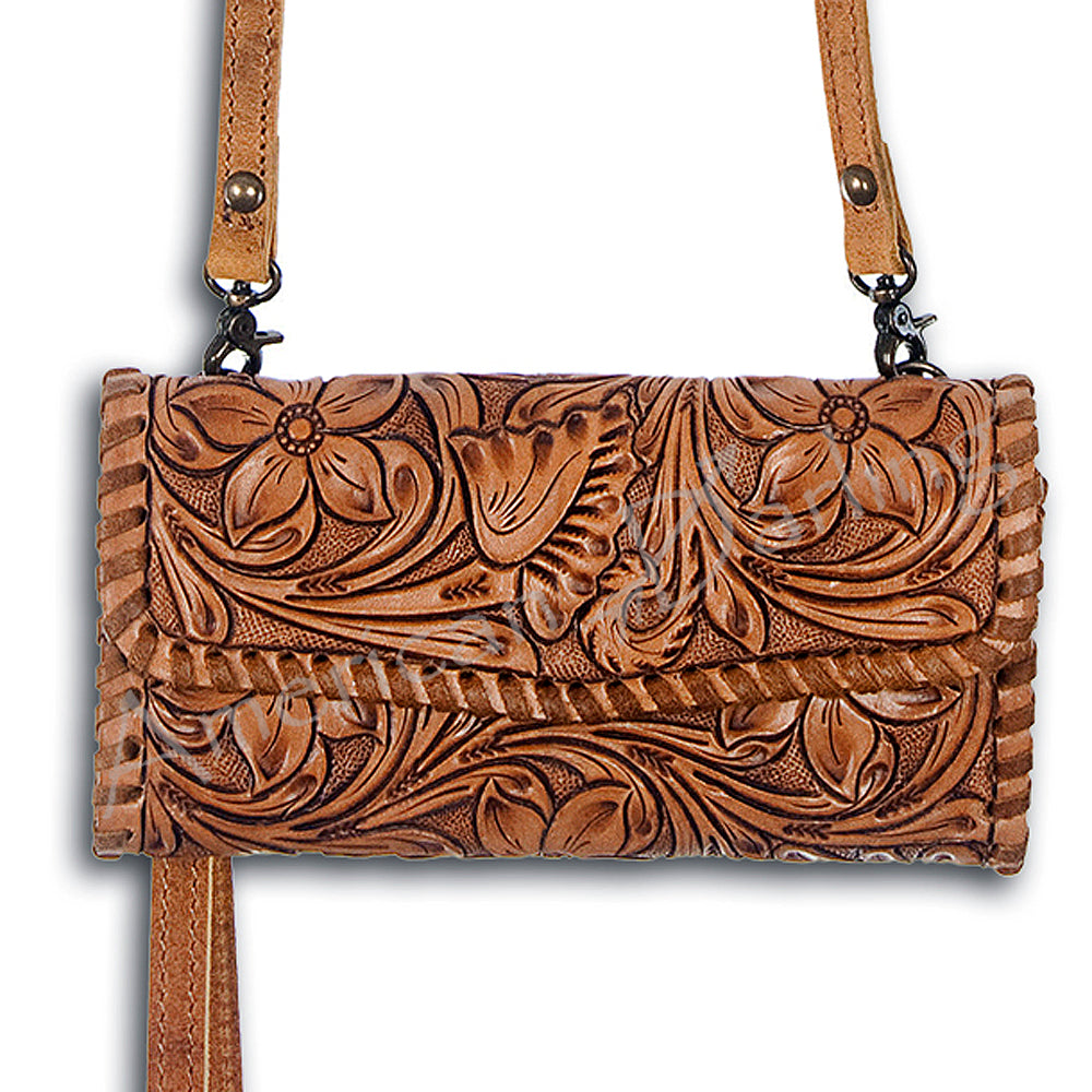 ADBG514 Hand-Tooled Leather Western Crossbody Clutch with Floral Carving Sage