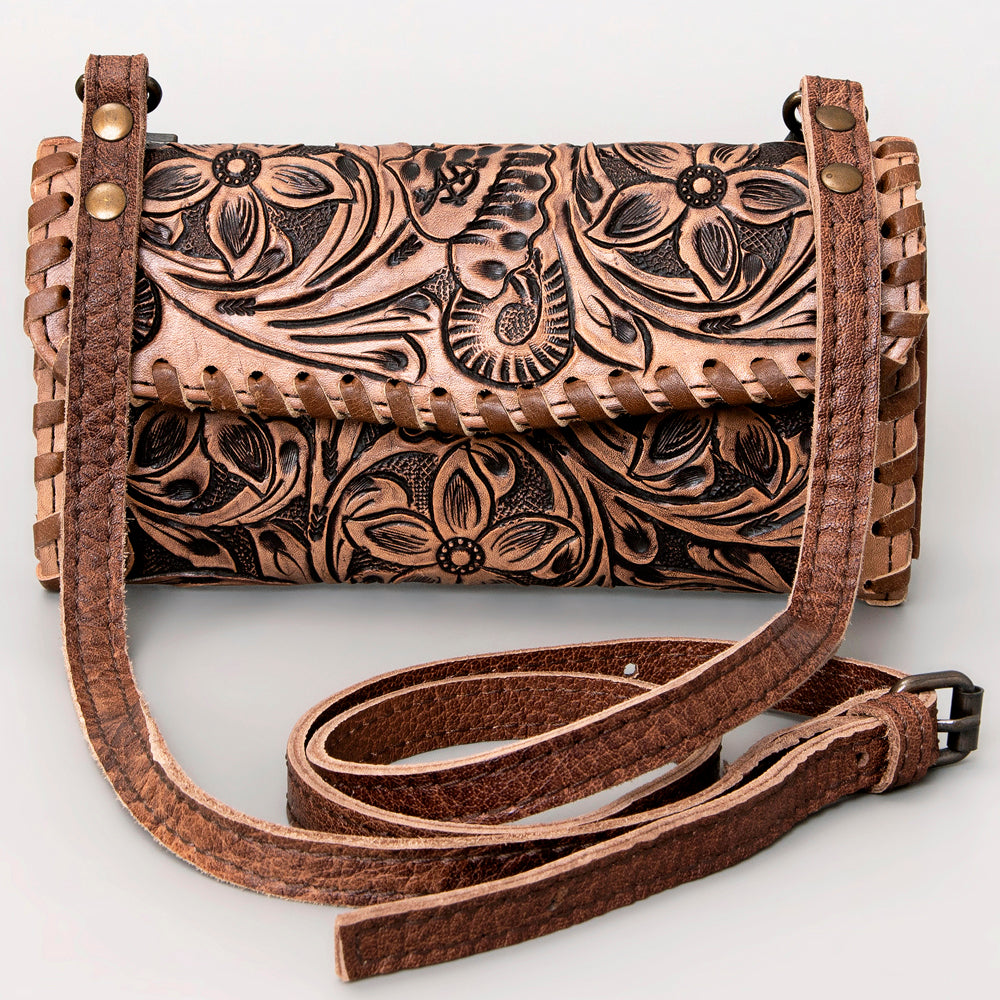 ADBG514 Hand-Tooled Leather Western Crossbody Clutch with Floral Carving Sage
