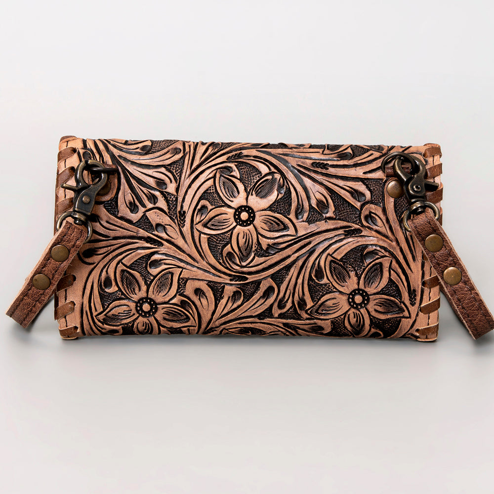 ADBG514 Hand-Tooled Leather Western Crossbody Clutch with Floral Carving Sage