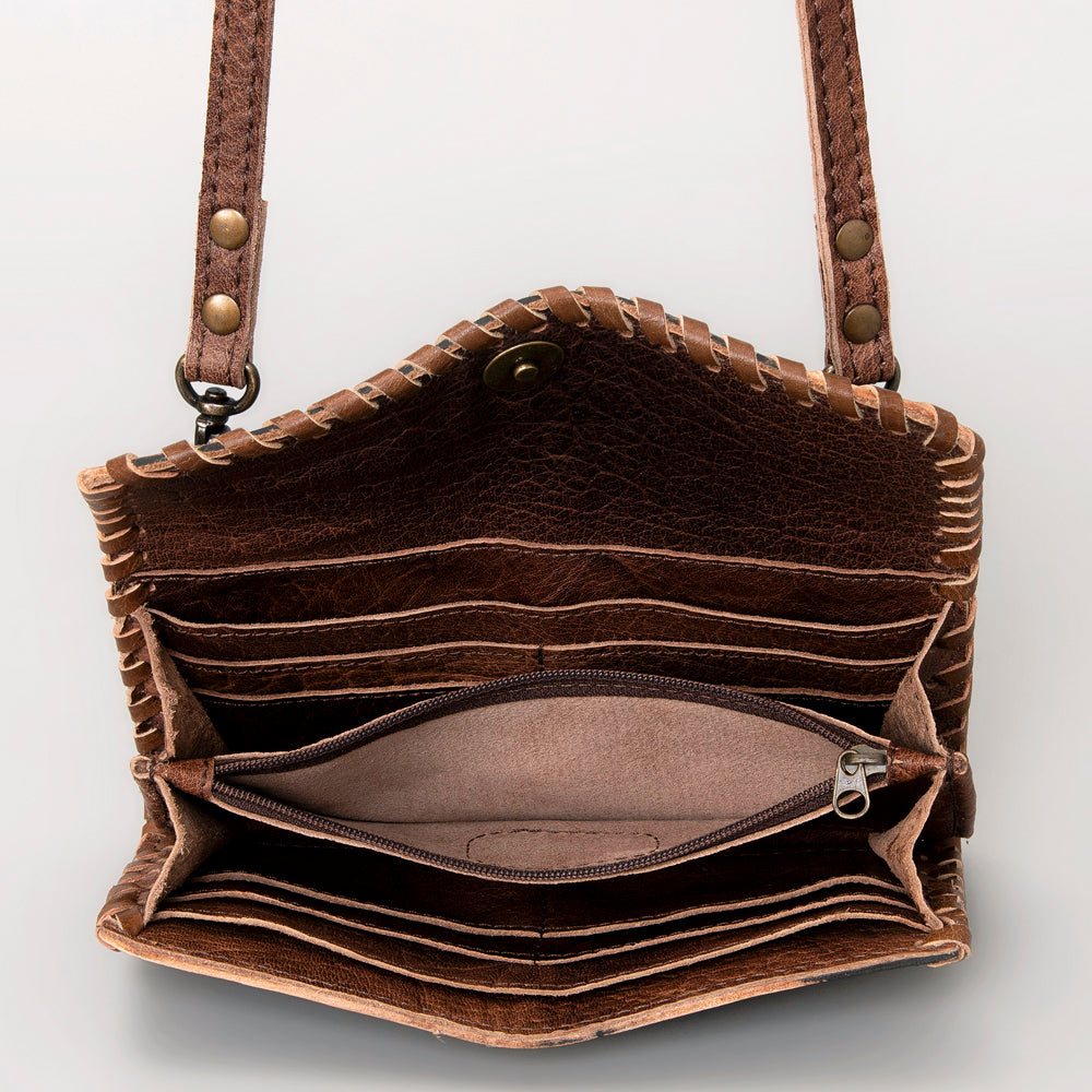 ADBG514 Hand-Tooled Leather Western Crossbody Clutch with Floral Carving Sage