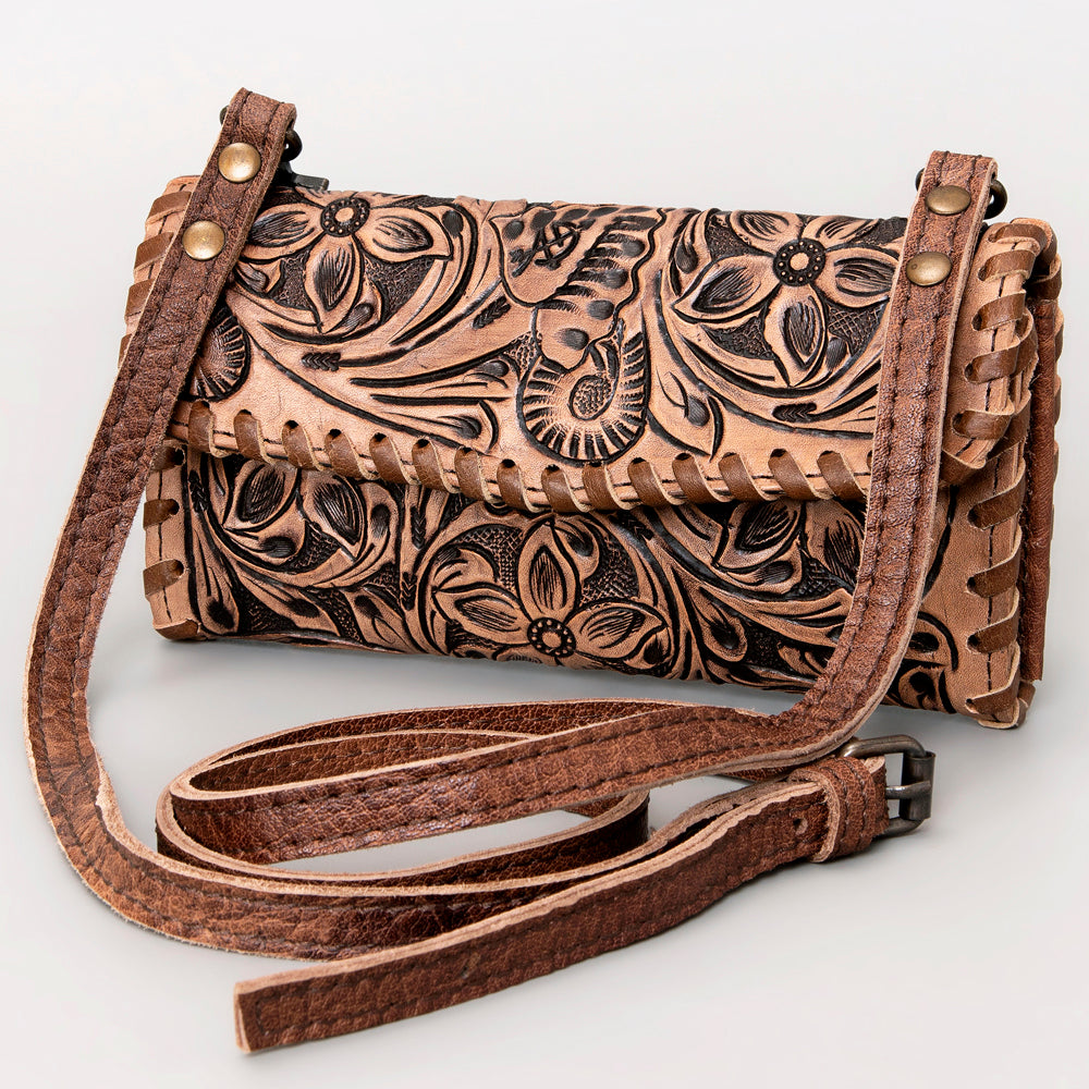 ADBG514 Hand-Tooled Leather Western Crossbody Clutch with Floral Carving Sage
