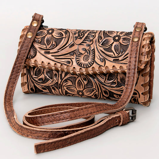 ADBG514 Hand-Tooled Leather Western Crossbody Clutch with Floral Carving Sage