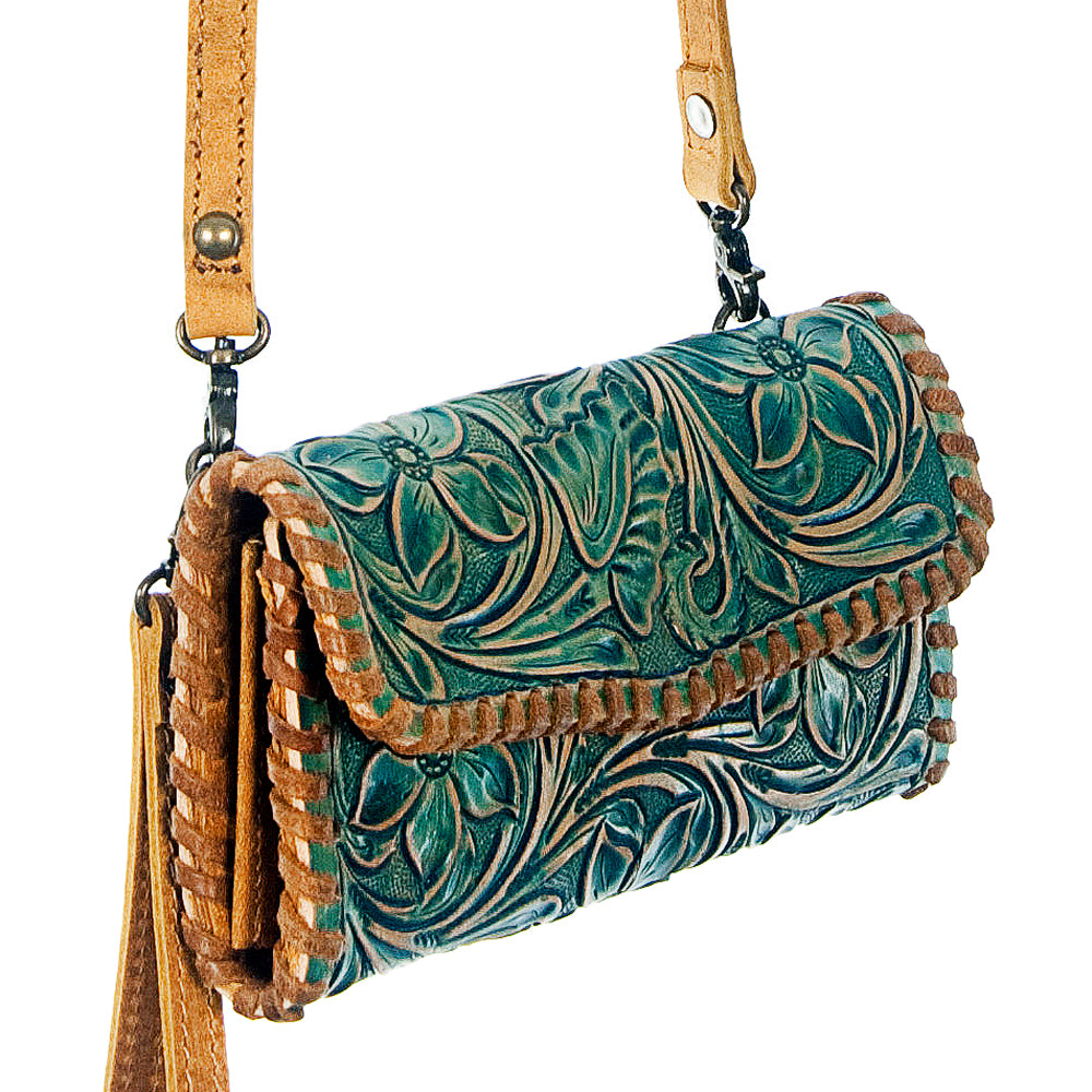 ADBG514 Hand-Tooled Leather Western Crossbody Clutch with Floral Carving Sage