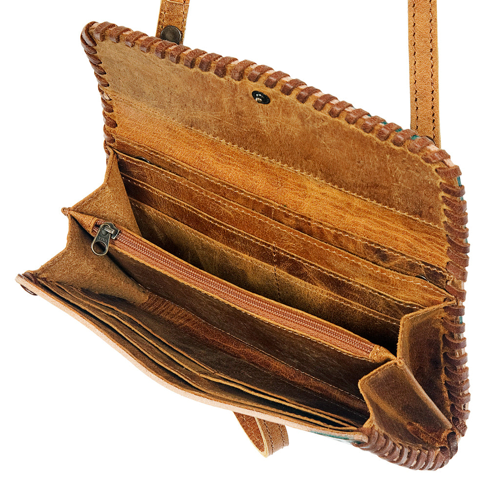 ADBG514 Hand-Tooled Leather Western Crossbody Clutch with Floral Carving Sage