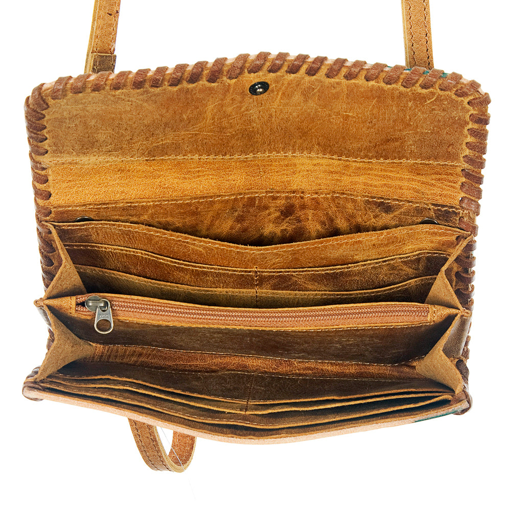 ADBG514 Hand-Tooled Leather Western Crossbody Clutch with Floral Carving Sage