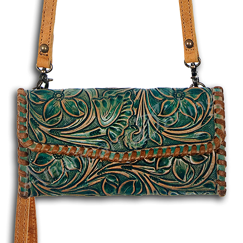 ADBG514 Hand-Tooled Leather Western Crossbody Clutch with Floral Carving Sage