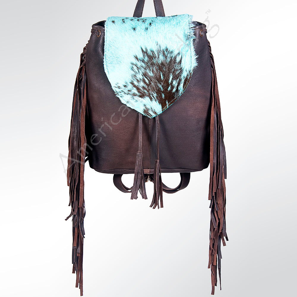 LC-ADBGZ219 Turquoise Acid Wash Cowhide & Black Leather Fringe Backpack - Western Boho Bag