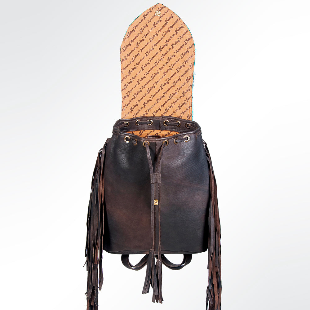 LC-ADBGZ219 Turquoise Acid Wash Cowhide & Black Leather Fringe Backpack - Western Boho Bag
