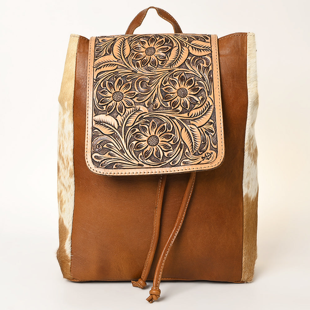 ADBG363 Tooled Leather Cowhide Backpack with Floral Flap & Hair-On Sides