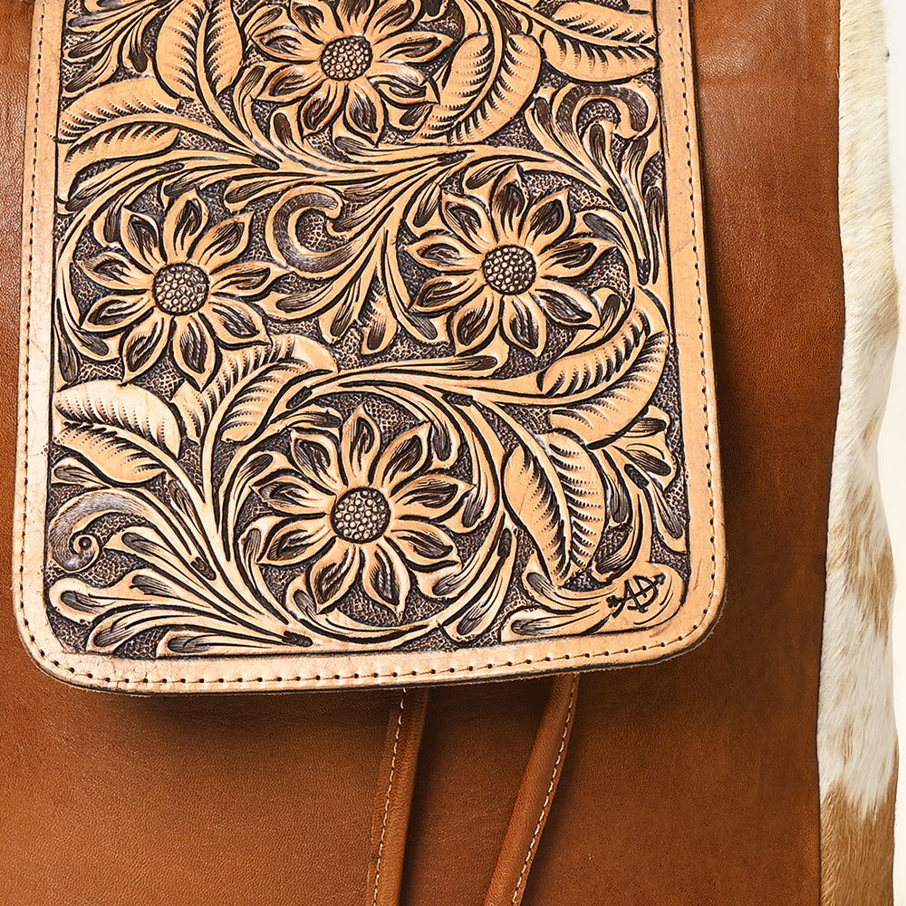 ADBG363 Tooled Leather Cowhide Backpack with Floral Flap & Hair-On Sides
