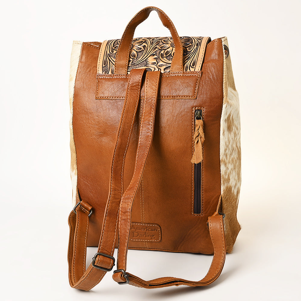 ADBG363 Tooled Leather Cowhide Backpack with Floral Flap & Hair-On Sides