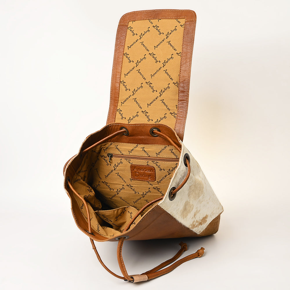 ADBG363 Tooled Leather Cowhide Backpack with Floral Flap & Hair-On Sides